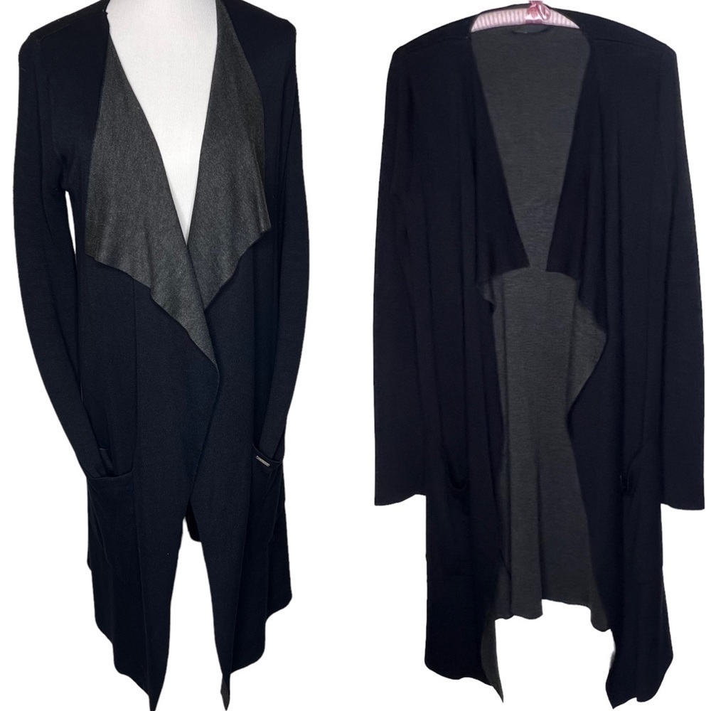 Guess Los Angeles Black Gray Draped Open Front Maxi Cardigan Sweater Pockets M